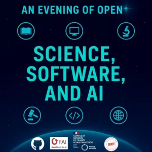 A graphic with turquoise text advertising An Evening of Open: Science, Software, & AI