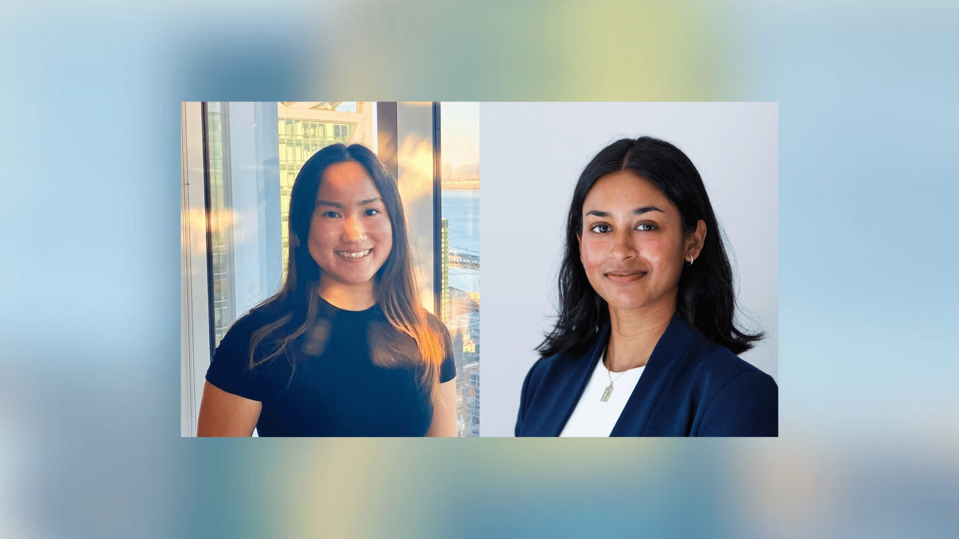 A composite photo with headshots of two students: Winnie Hoh in dark shirt with long brown hair and Shwetha Karthik in a white shirt and blue blazer with dark long hair