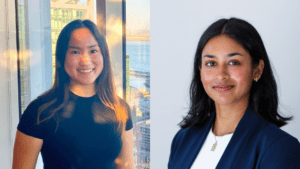 A composite photo with headshots of two students: Winnie Hoh in dark shirt with long brown hair and Shwetha Karthik in a white shirt and blue blazer with dark long hair