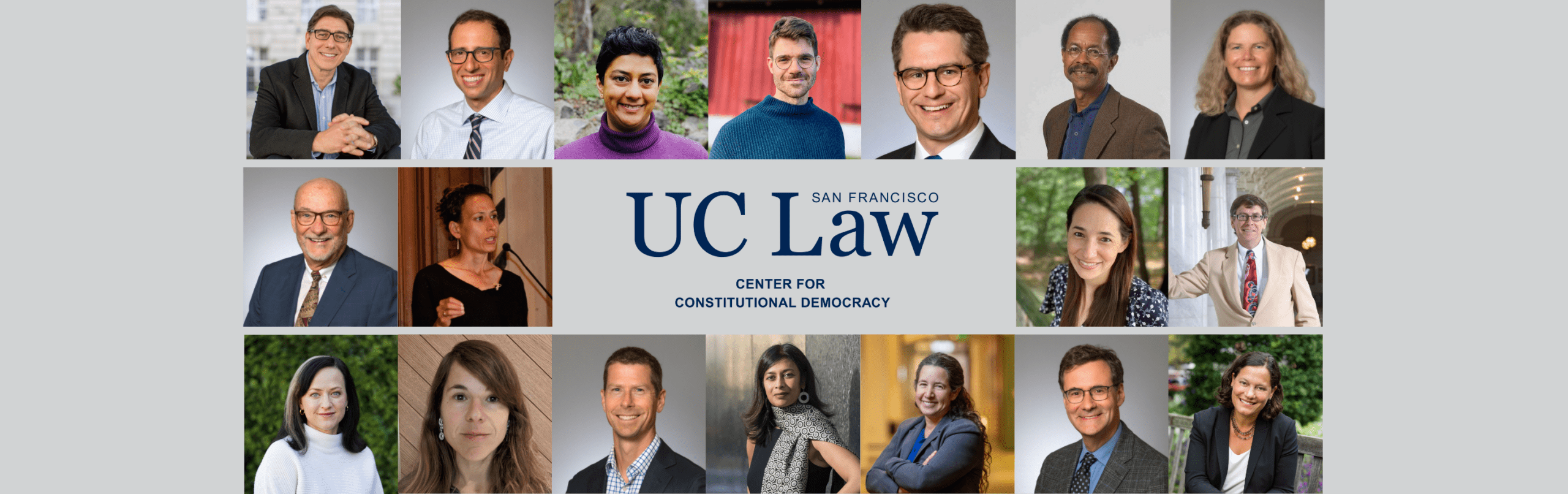 A composite of faculty headshots with the Center for Constitutional Democracy logo