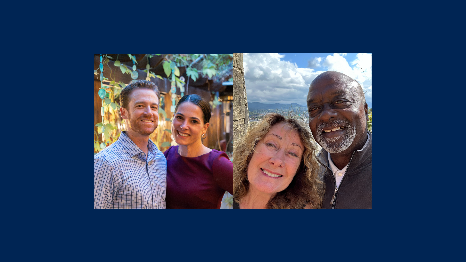 A composite photo of two couples posing together outdoors. On the left: Matt and Niki Roman in business casual clothing. On the right: Lisa and Don Clay smiling in an outdoor setting with mountains, a blue sky, a clouds behind them.