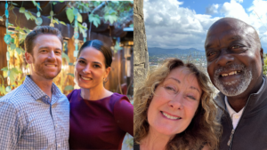 A composite photo of two couples posing together outdoors. On the left: Matt and Niki Roman in business casual clothing. On the right: Lisa and Don Clay smiling in an outdoor setting with mountains, a blue sky, a clouds behind them.