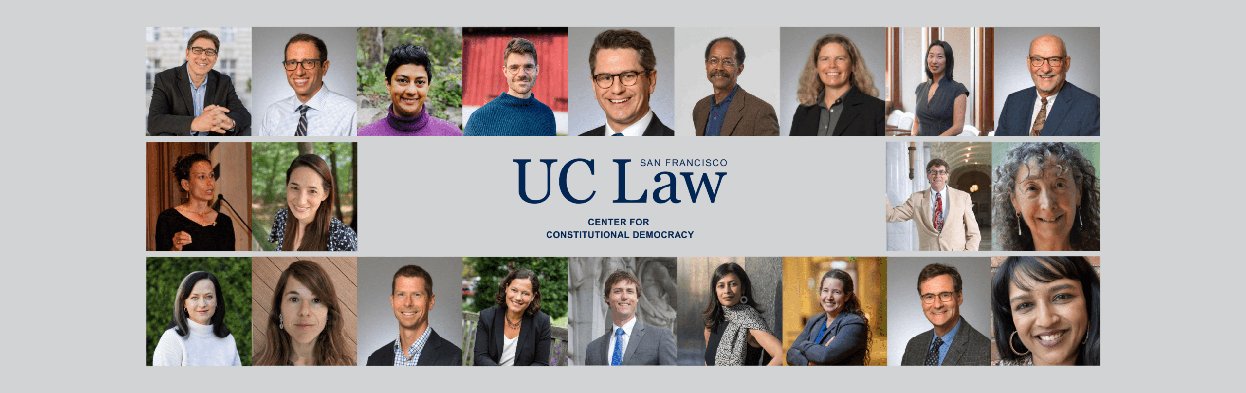 A composite of faculty headshots with the Center for Constitutional Democracy logo
