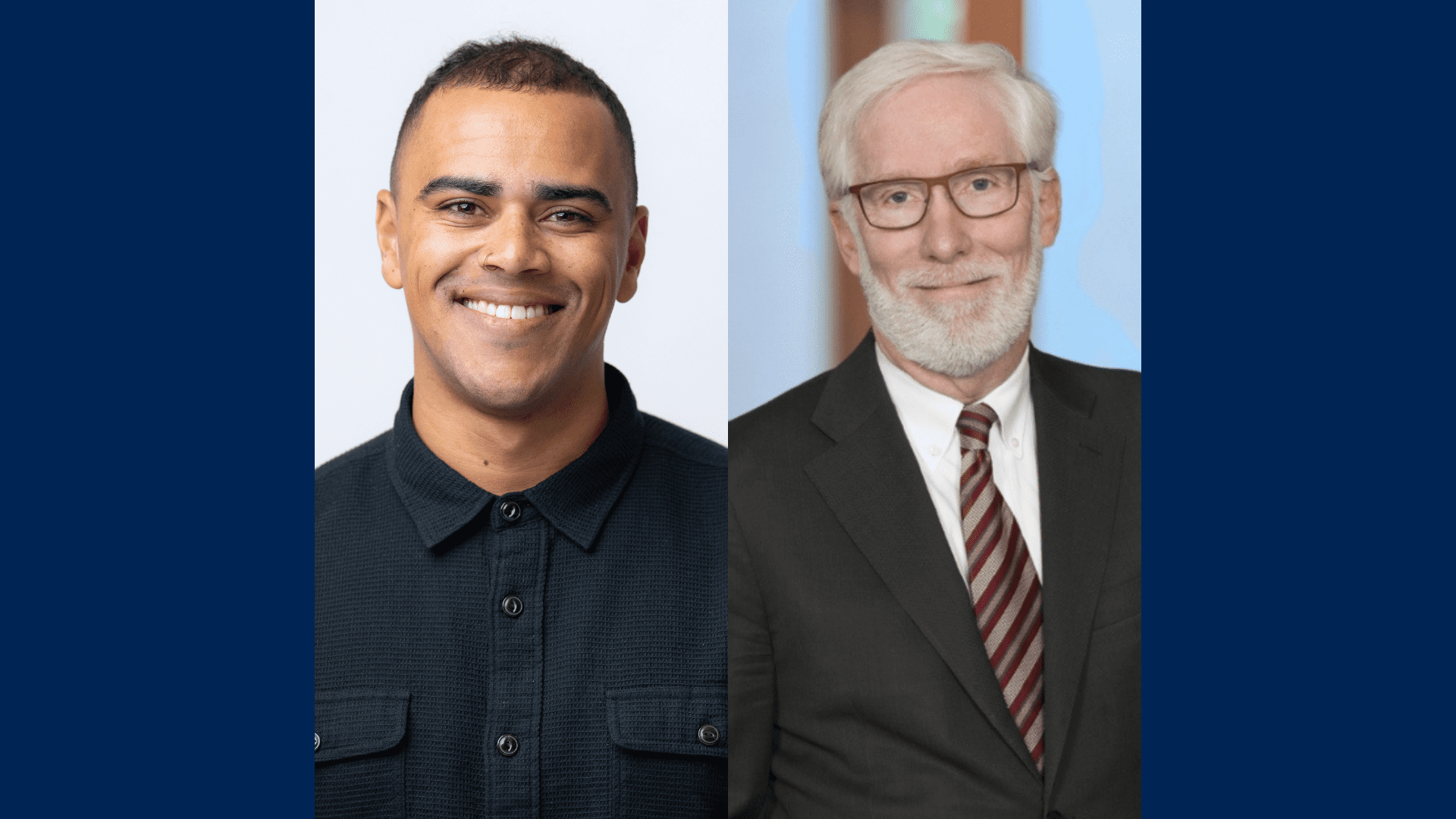 This photo displays the headshots of alums Myell Mergaert ’20 (left) and James Wagstaffe ’80 (right).