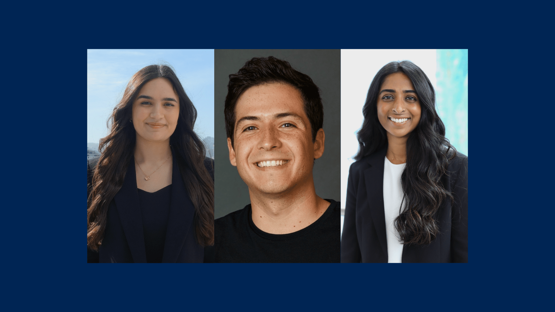 This photo displays the headshots of first-year law students and 2026 CBL Scholars Deniz Masjedi (left), Alvaro Flores (middle), and Tavia Pappaly (right).