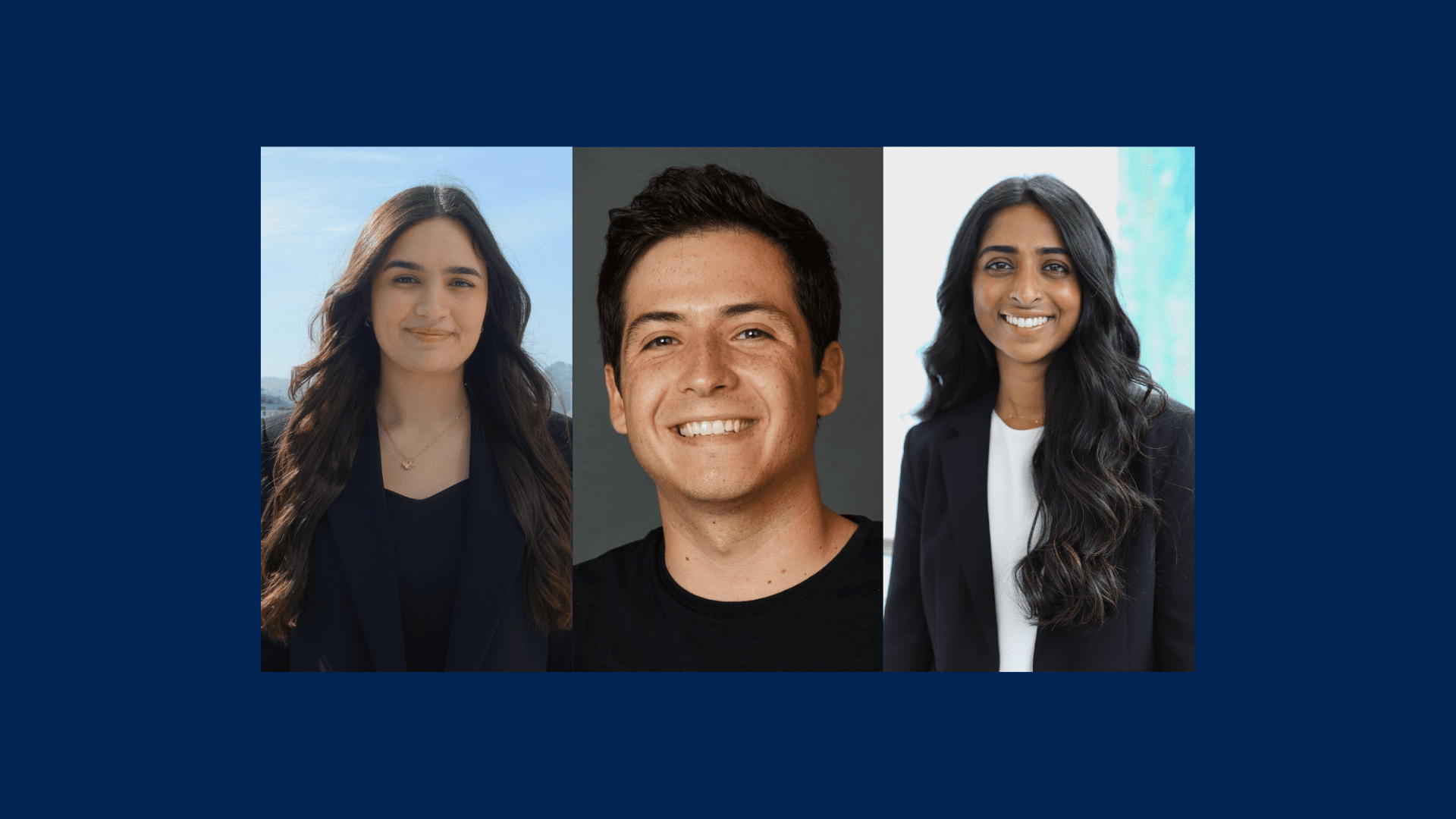 This photo displays the headshots of first-year law students and 2026 CBL Scholars Deniz Masjedi (left), Alvaro Flores (middle), and Tavia Pappaly (right).