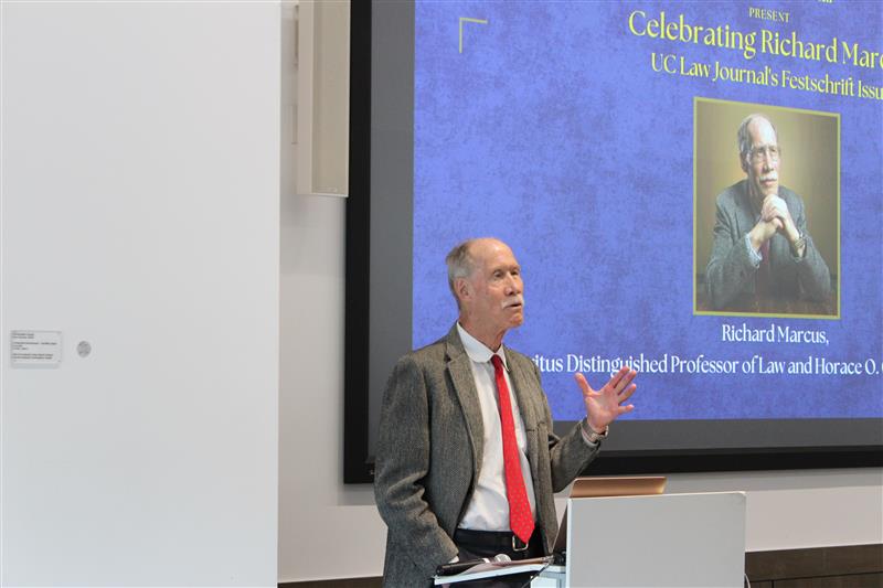 A photo of Professor Richard Marcus speaking at the UC Law SF event held in his honor.