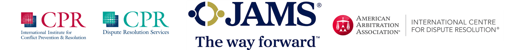 The International Institute for Conflict Prevention and Resolution, JAMS, and American Arbitration Association logos