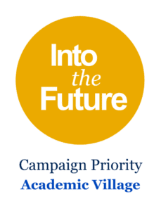 The Into the Future logo in a gold circle with Campaign Priority Academic Village
