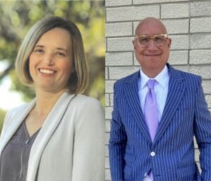 A composite photo of Lindsey Berg-James and William Patrick Dudley, both smiling and wearing business attire.