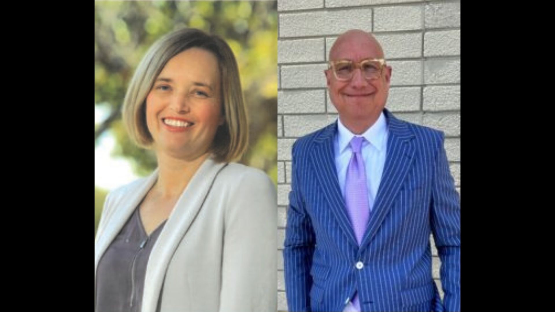 A composite photo of Lindsey Berg-James and William Patrick Dudley, both smiling and wearing business attire.