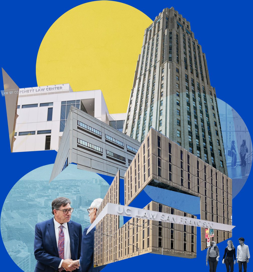 Collage of the UC Law SF campus, the new Academic Village tower and members of the community
