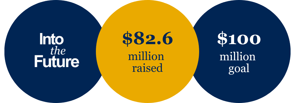 The Into the Future logo next to "$82.6 million raised" and "$100 million goal"