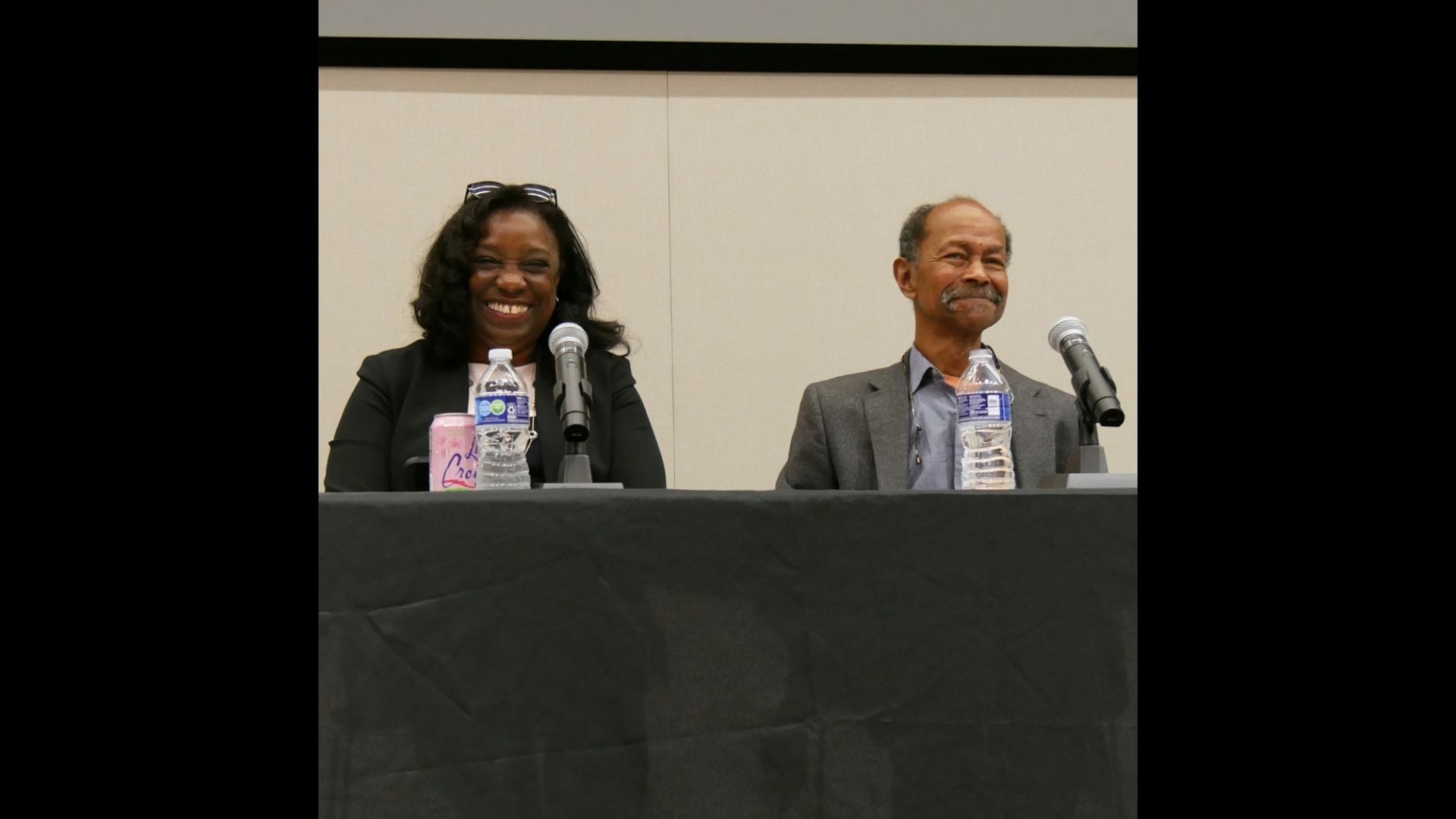 U.S. District Judge Trina Thompson and Professor Richard Boswell smile during a panel talk at UC Law SF.